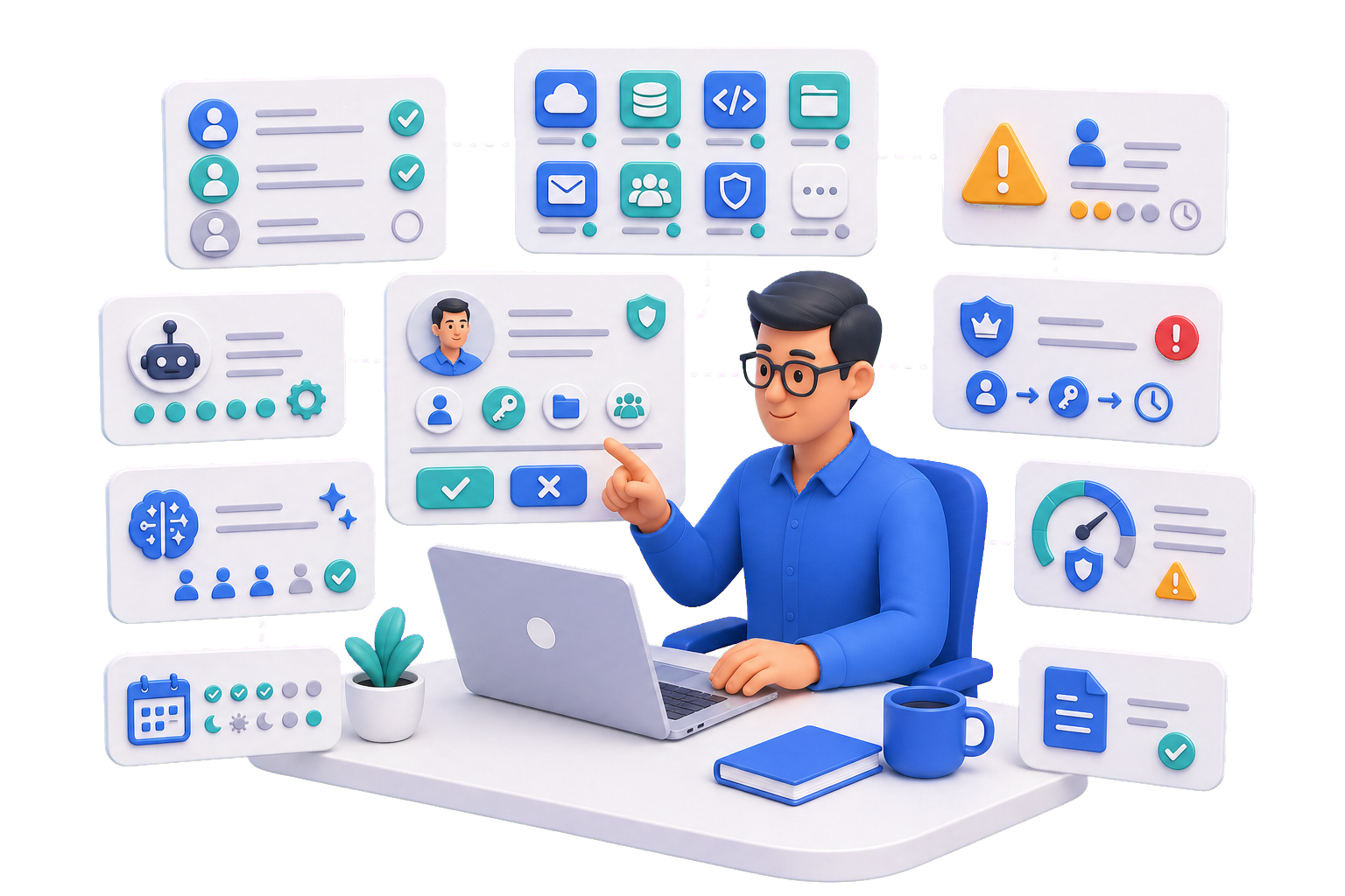 Person reviewing identity access, AI alerts, entitlements, and usage evidence