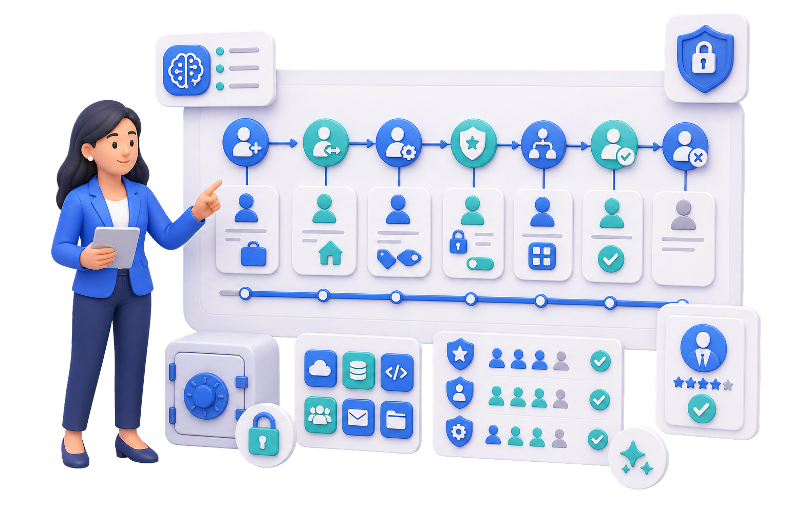 Female analyst reviewing identity lifecycle, PIM, and entitlement management actions